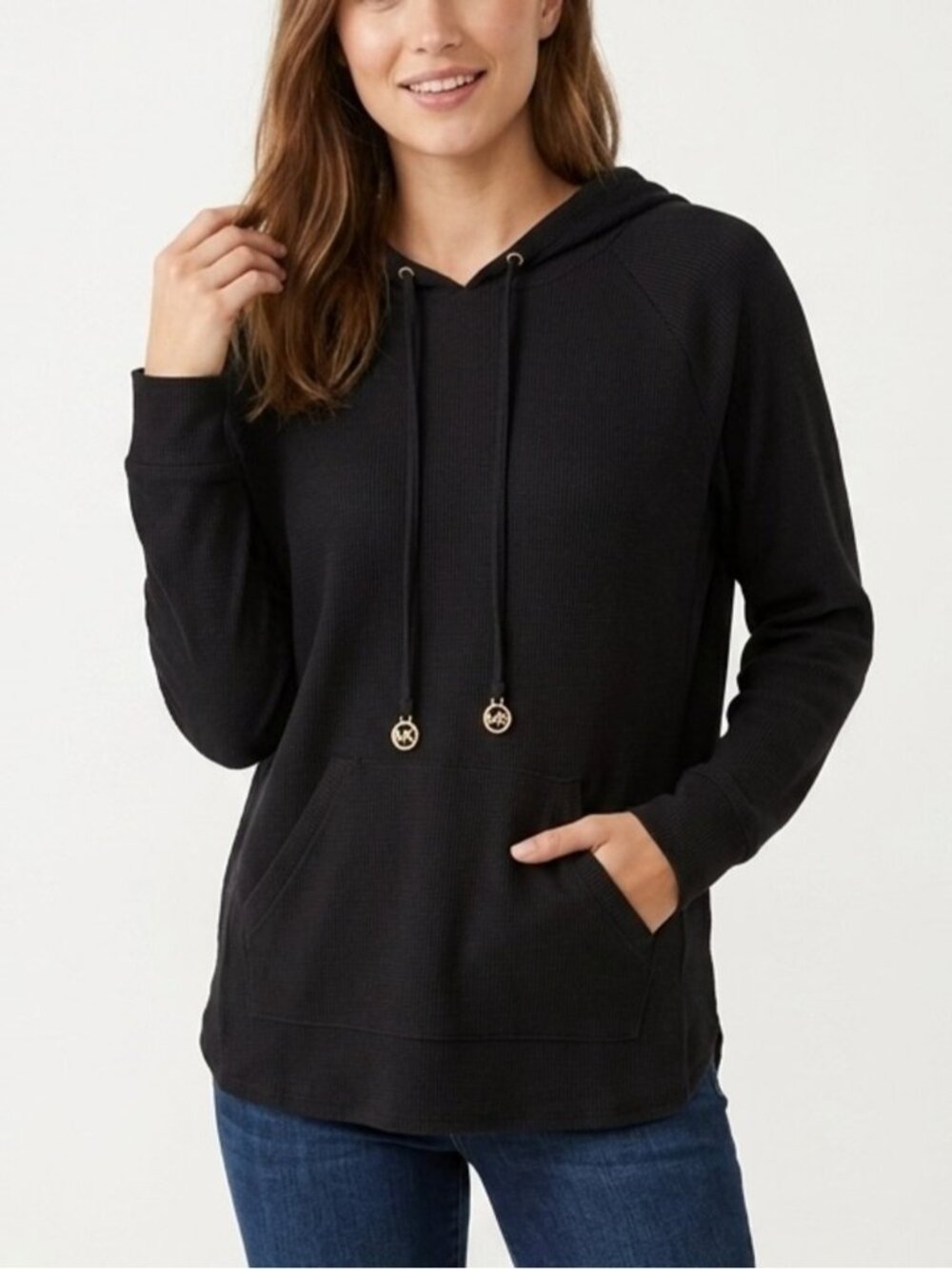 Michael Kors Black Waffle Knit Thermal Hoodie with Gold Logo Charms Large - 557